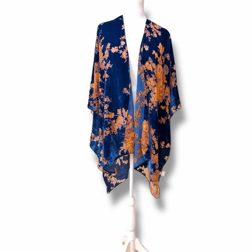 Francesca’s Boho Floral Burnout Velvet Kimono Navy & Rust OS - Picture 2 of 10